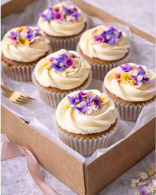 cupcakes with white frostingand purple flowers in a box.