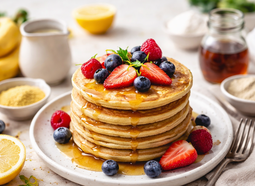 Stack of gluten-free vegan lemon yuzu pancakes topped with fresh berries and maple syrup
