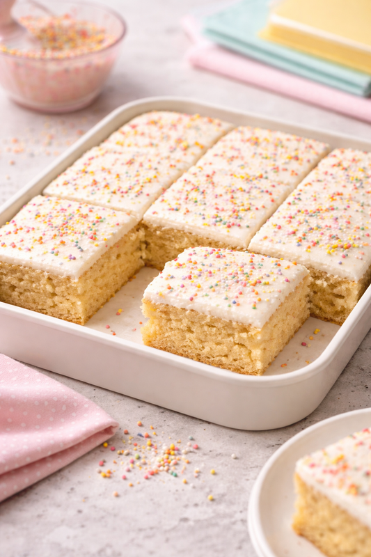 Gluten-free vegan school cake tray bake with dairy-free buttercream and pastel sprinkles