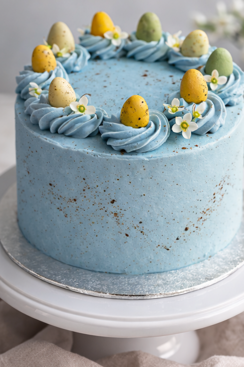 6 inch plant-based gluten-free chocolate Easter cake in muted blue buttercream with cocoa speckle and whole decorative eggs on top.