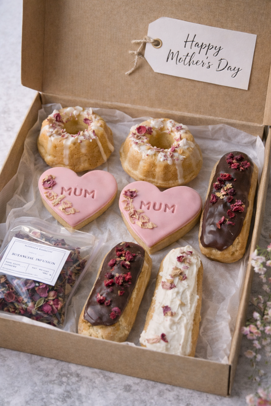 Box of assorted pastries with 'Happy Mother's Day' tag and 'MUM' cookies.