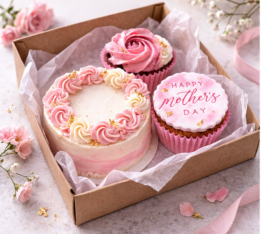 Collage of pink-themed Mother's Day cakes and cupcakes with decorative elements.