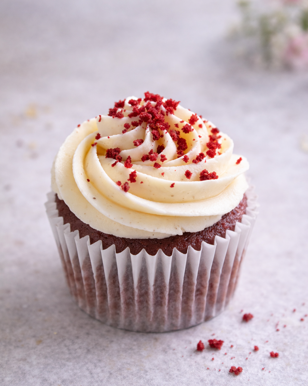 Red velvet cupcake with cream cheese frosting and red sprinkles on a light surface.