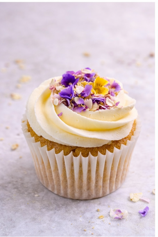 cupcake with white frosting  and purple flowers on a light background.