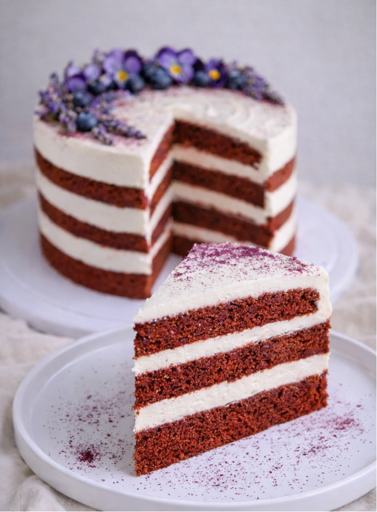 A slice of Vegan and gluten-free Red velvet cake with white cream and purple flowers on a white plate.