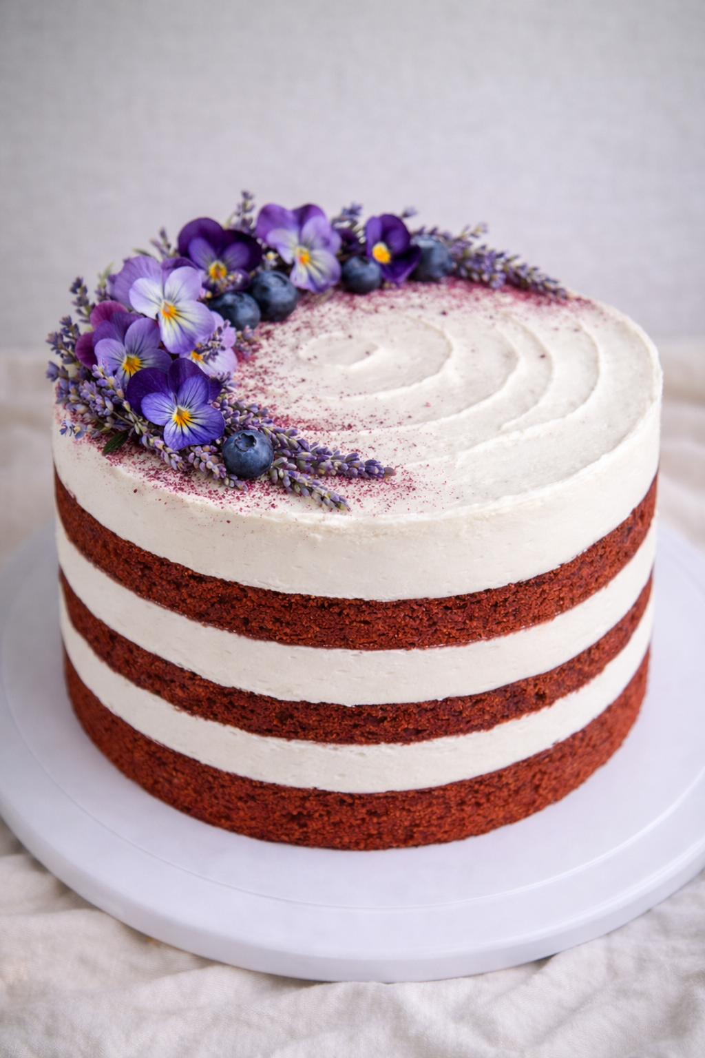 Vegan and Gluten-free Red velvet cake with white cream filling and purple flowers on a white background