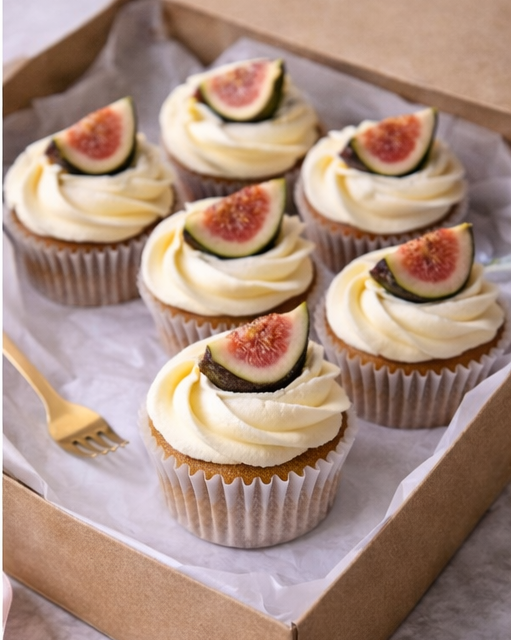 cupcakes with white frosting and figs in a box.