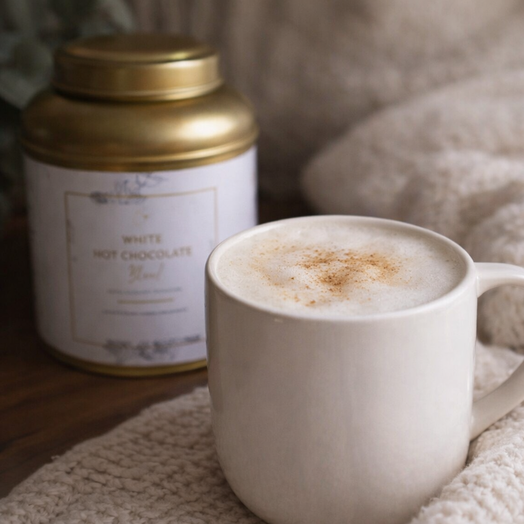 White mug with vegan white hot chocolate and a container of vegan white hot chocolate mix on a wooden surface.